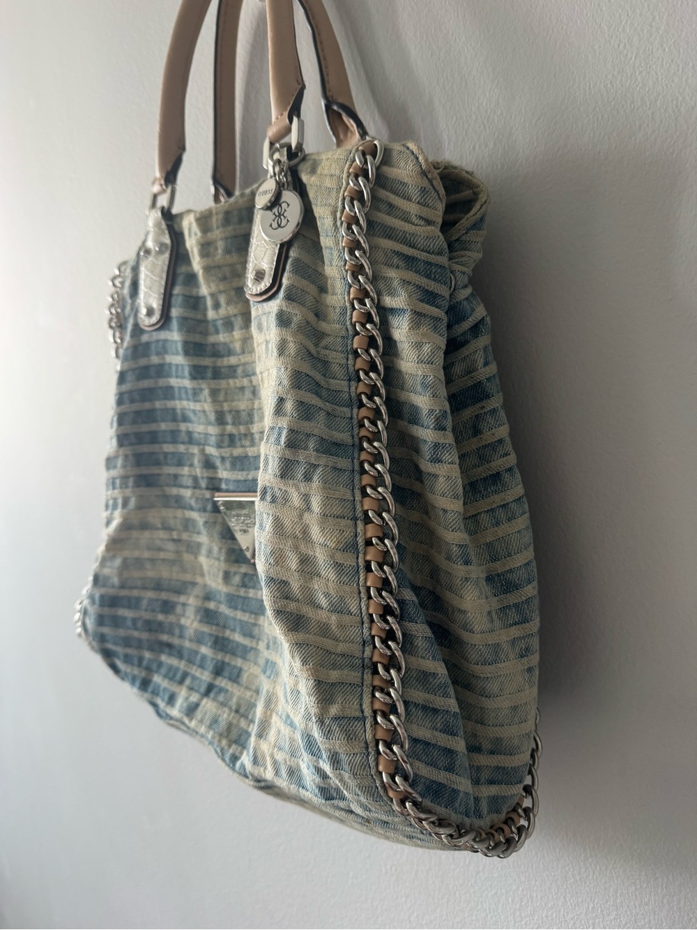 Guess Denim-Striped Light Blue Tote with Tan Handles - Picture 7 of 13
